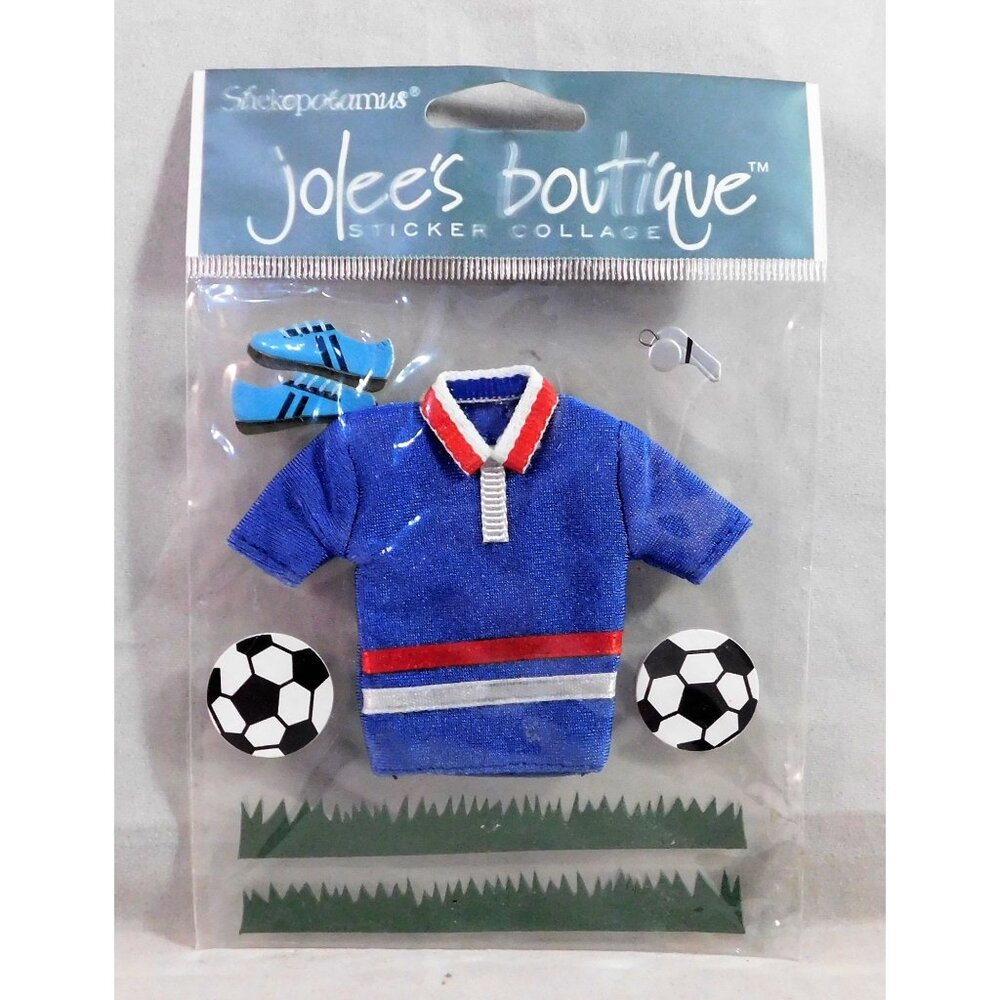 Soccer 3D Scrapbook Stickers Set of 2 Blue Uniform Top Balls Whistle Grass